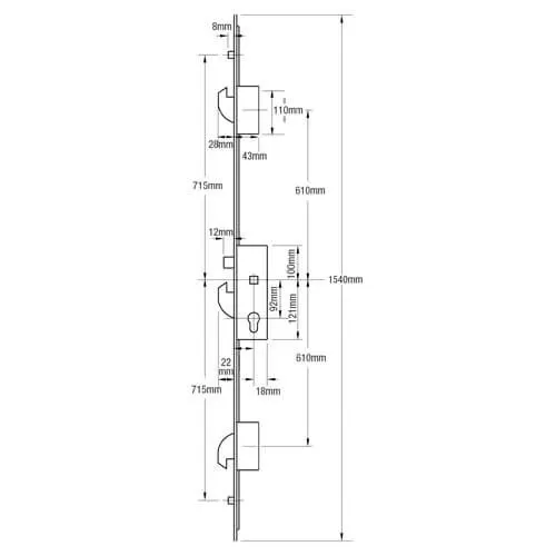 ERA Latch 3 Hooks 2 Rollers Split Spindle Multipoint Door Lock - Option 1 (top hook to spindle = 610mm)